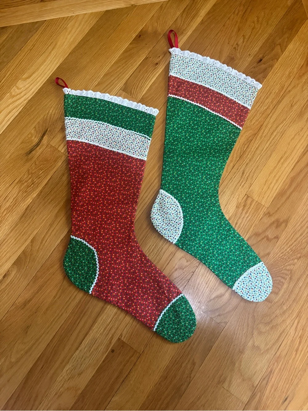 Set of 4 Handmade Quilted Christmas Stockings - Red, Green, White